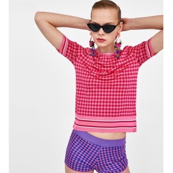 zara checkered pink knit shirt - Picture 7 of 7